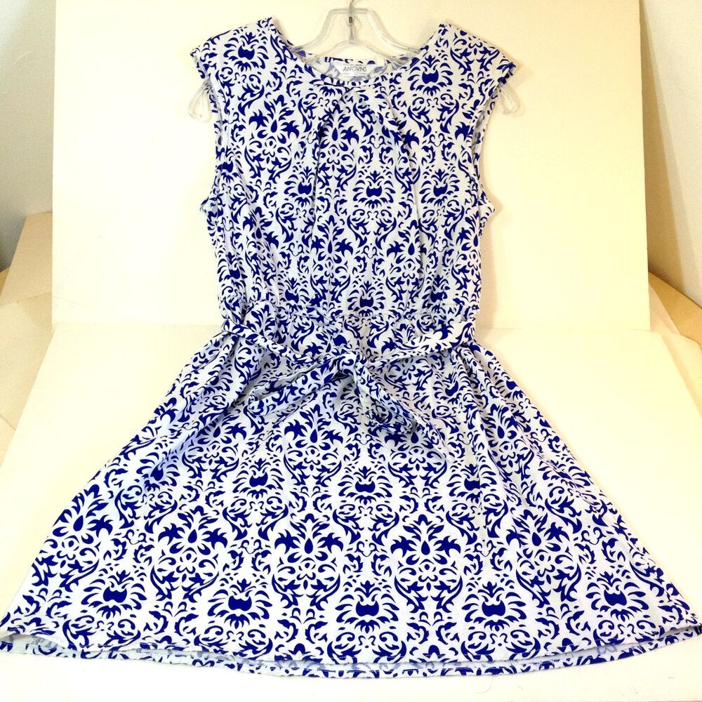 ANGVNS Women Size L White & Blue Damask or Paisley Pattern Sleeveless Dress Tie